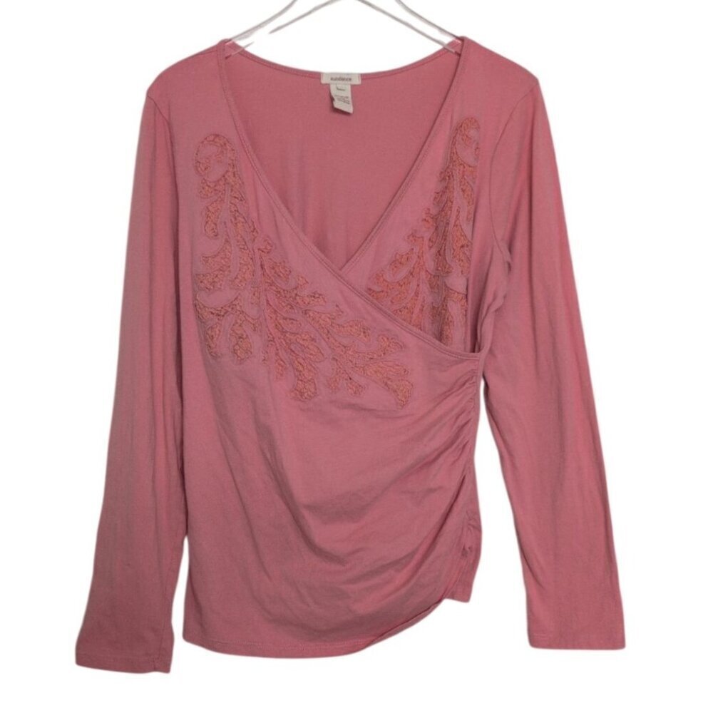 Sundance Embroidered Shirt Womens Size Large Pink Surplice V Neck Long Sleeve